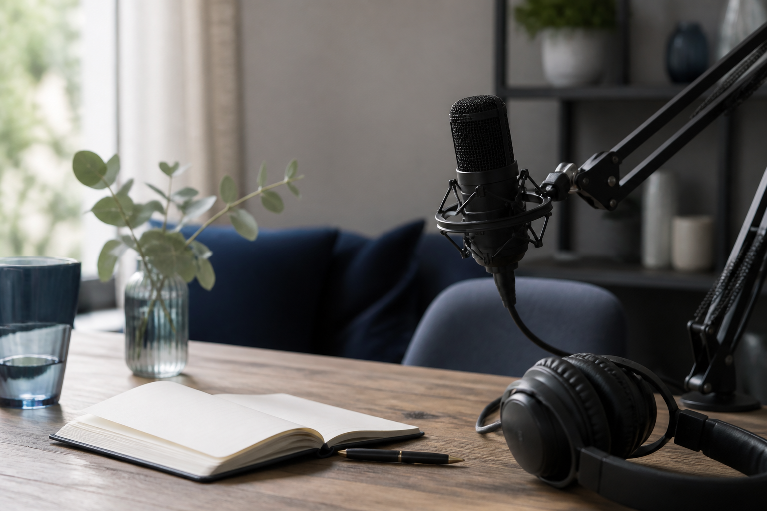 Podcastový mikrofon, sluchátka a otevřený zápisník